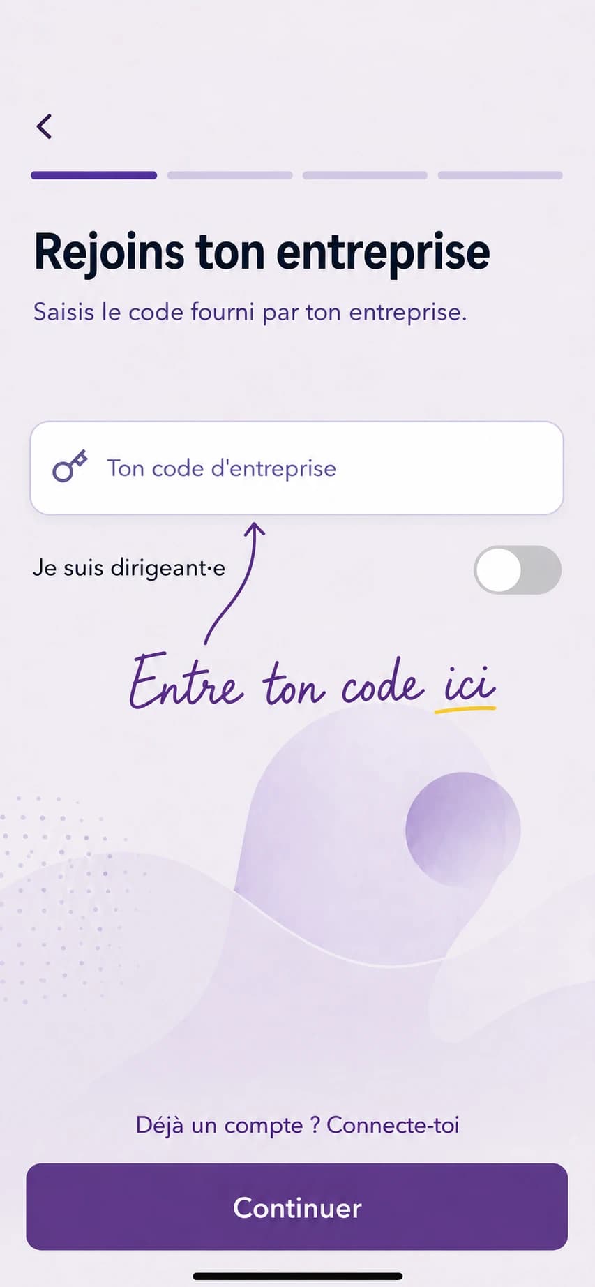 L’écran d’accès par code entreprise dans l’application mobile Mü être.
